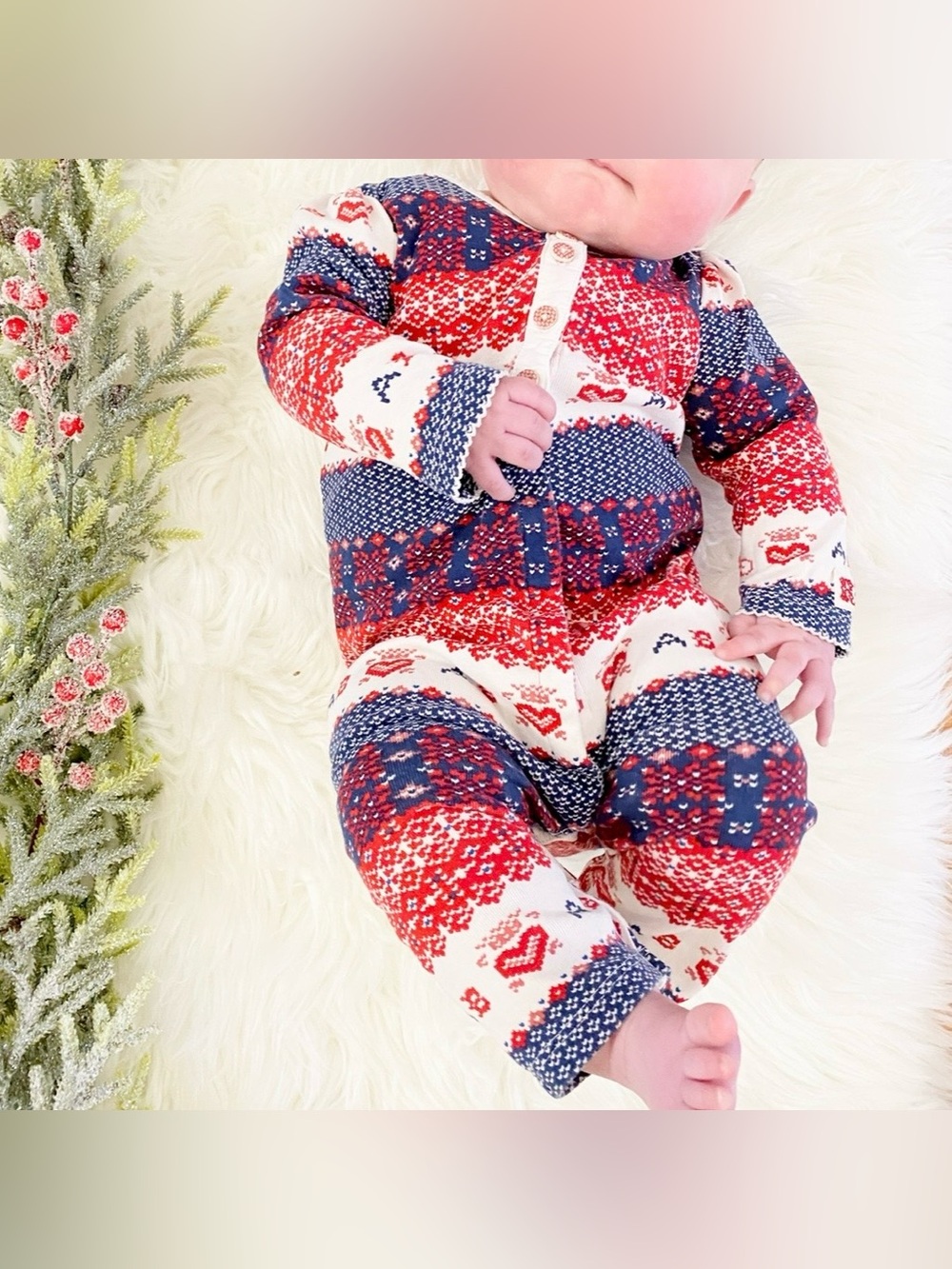 6m Ralph Lauren Baby Girl Heart Fair Isle Winter Holiday Cotton Footless Romper